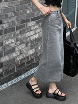 SALE! Gray washed denim back slit H-line long skirt (Gray)