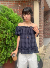 Ame Check Off-Shoulder Frill Short Sleeve Blouse