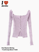 Pearl Burton Shirring V-neck Long Sleeve T-shirt