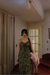 メルシーグリーンピンクフローラルロングドレス