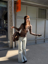 wool base lace V-neck long-sleeved t-shirt