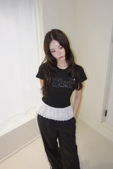 Black Lettering Beads Lace Frill Short-Sleeved T-Shirt