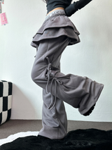 FLEECE PICKABLE❤RIBBON CANCAN BOOTSCUT WIDE 2 STYTLE PANTS🖤🩶🤎💛5COLOR