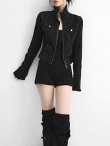 Dark Wash Denim Jacket + Deep Black Knit Set