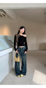 Leopard scarf unbalanced off-shoulder knitwear