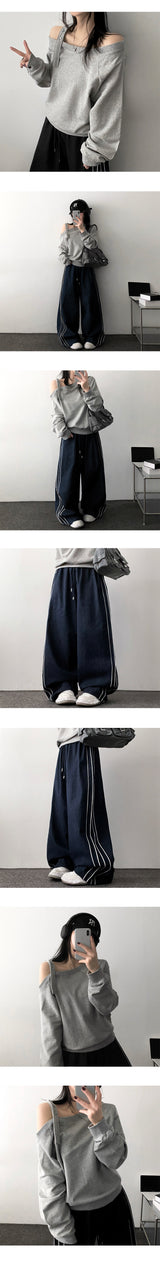New V Unbalanced Off-Shoulder Snap Strap Sweatshirt