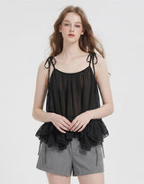 Hazel Sheer Ribbon Strap Frill Sleeveless Black