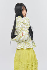 Flower Pattern Crease Ruffle Blouse Yellow