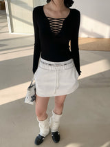 Black Strap Point Long-Sleeved Slim T-Shirt