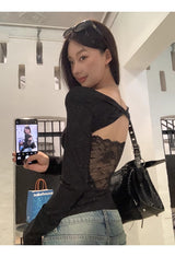 Backless lace point black long-sleeved shirt