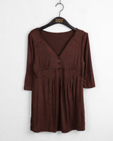 Pamil Vintage V-neck Button Pleated 3/4 Short Sleeve T-Shirt