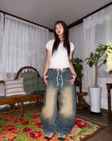 Green Vintage Washed Wide Denim Pants