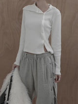 Sailor Collar Unbalanced Button Ribbed T-Shirt