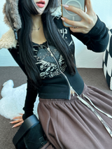 FUR🤎🧸CROPPED HALF PRINTING JUMPER ZIP UP🩶🖤2COLOR