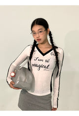 V-neck sporty black line long-sleeved shirt