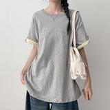 Loose fit💛 Button roll-up color-block short-sleeve tee (6 colors) 