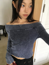 Tinted denim washed unbalanced off-shoulder t-shirt