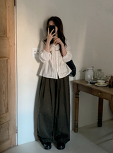 #Frill Collar Strap Puff Long Sleeve Blouse