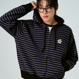 [UNISEX] Flower Dot Embroidery Knit Stripe Hooded Zip-up