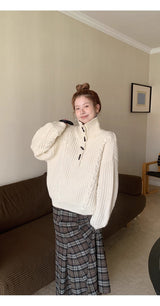 high-neck button bold ribbed loose fit knitwear