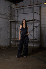 Dirty Washed Wide Cargo Denim Pants - Black