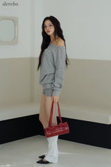 Unbalanced off-shoulder gray loose fit sweatshirt