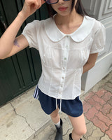ZENNIE Round Collar Pintuck Lace Puffed Short-Sleeved Blouse
