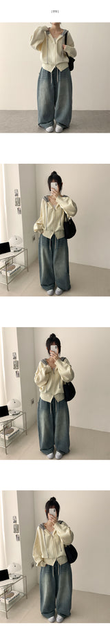 Doha Side Snap Waist Banding Balloon Wide Denim Pants