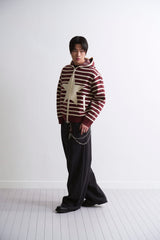 STRIPE STAR KNIT HOOD ZIP UP WINE