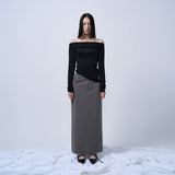 FOLDING WAIST BAND MAXI SKIRT (CHARCOAL KHAKI)