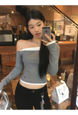 レイヤードグレーオフショルダーロングスリーブTシャツ