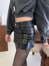 リダービンテージツーバックルラップレザーショートパンツ