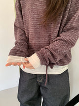 カラン オフショルダー ストラップ ストライプ ロングスリーブ Tシャツ