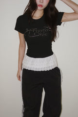 Black Lettering Beads Lace Frill Short-Sleeved T-Shirt