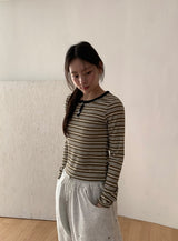 Mibat Stripe Henley Neck Long Sleeve Tee
