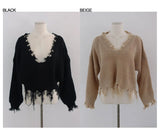 フリンジVネックニットトップ (BLACK)