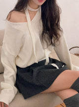 BR Crop V-neck Long Sleeve Knit + Tie Set (8color)