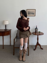 グラインスエードボタンポケットミニラップスカート(Khaki)