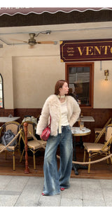 V-neck quilted ivory fur jacket