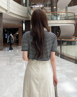 ヘデンオープン襟付きボーダーパフ半袖Tシャツ