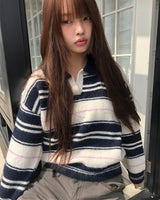 Nobin Stripe Contrast Collar Long Sleeve Knit