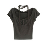 Lace Button Shirring Strap T-Shirt 231330508