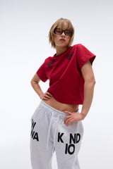 EEERRR ハートレースアートワークセミクロップTシャツ (レッド)