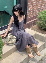 ウメ チェック ティアード ロング スリーブレス ビスチェ ワンピース (Adjustable Straps)
