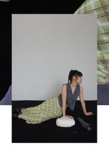 MELON CHECK RIBBON LONG SKIRT