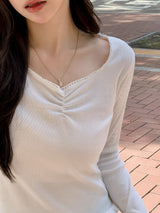 Lua Shirring Lace Frill Rib T-Shirt (4color)