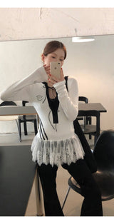 Block Lace Strap Long Sleeve Tee