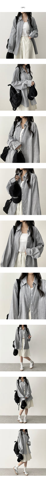 Canmi linen fine ストライプオーバーサイズフィットシャツ