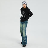 Cotton fountain pattern burnout contrast color washed straight jeans trousers