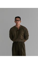 パターンマッスルヘンリーネックニットTシャツ [Khaki]